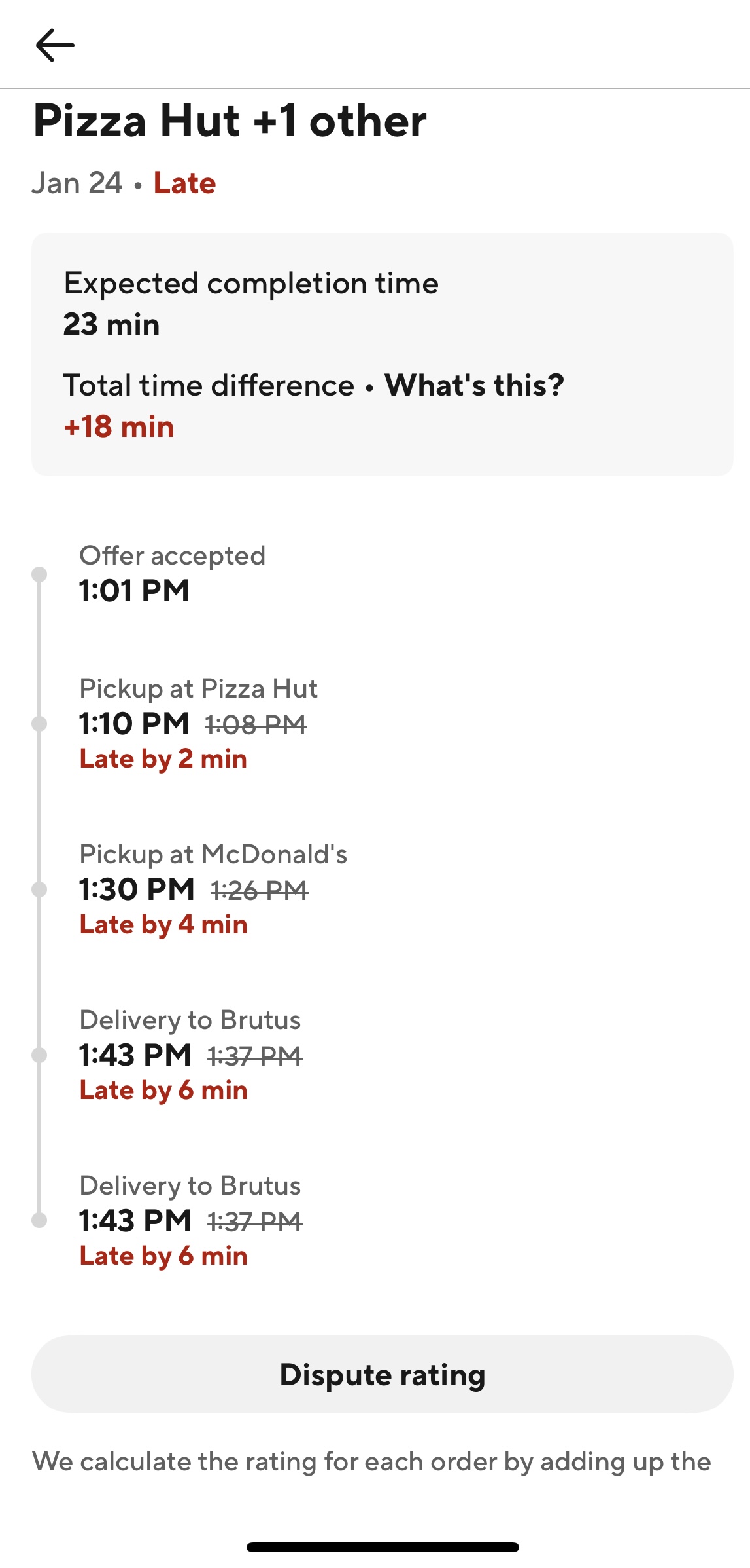 DoorDash order showing 2 minute late pickup snowballing to 18 minutes late