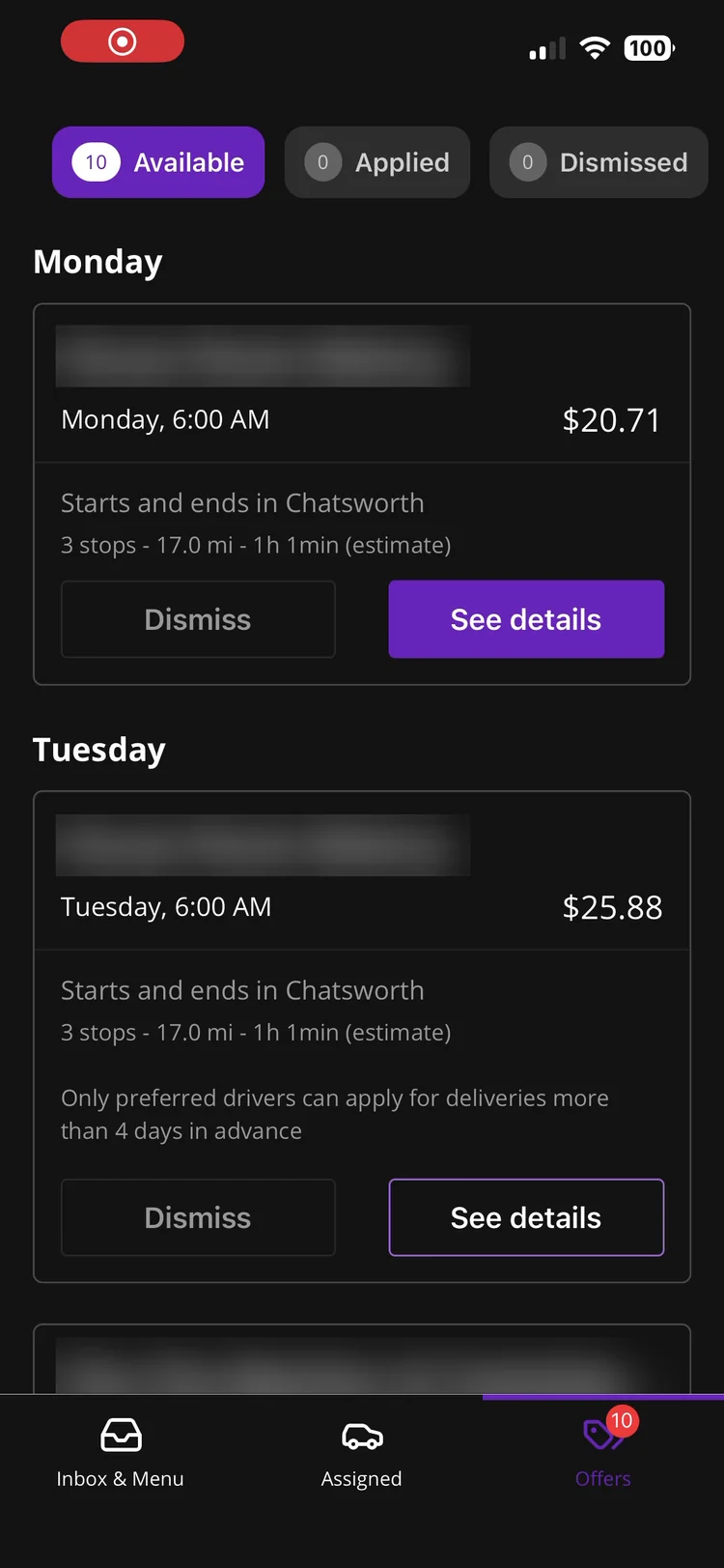 Metrobi Offers tab showing pay, stops, mileage, and estimated time for each job